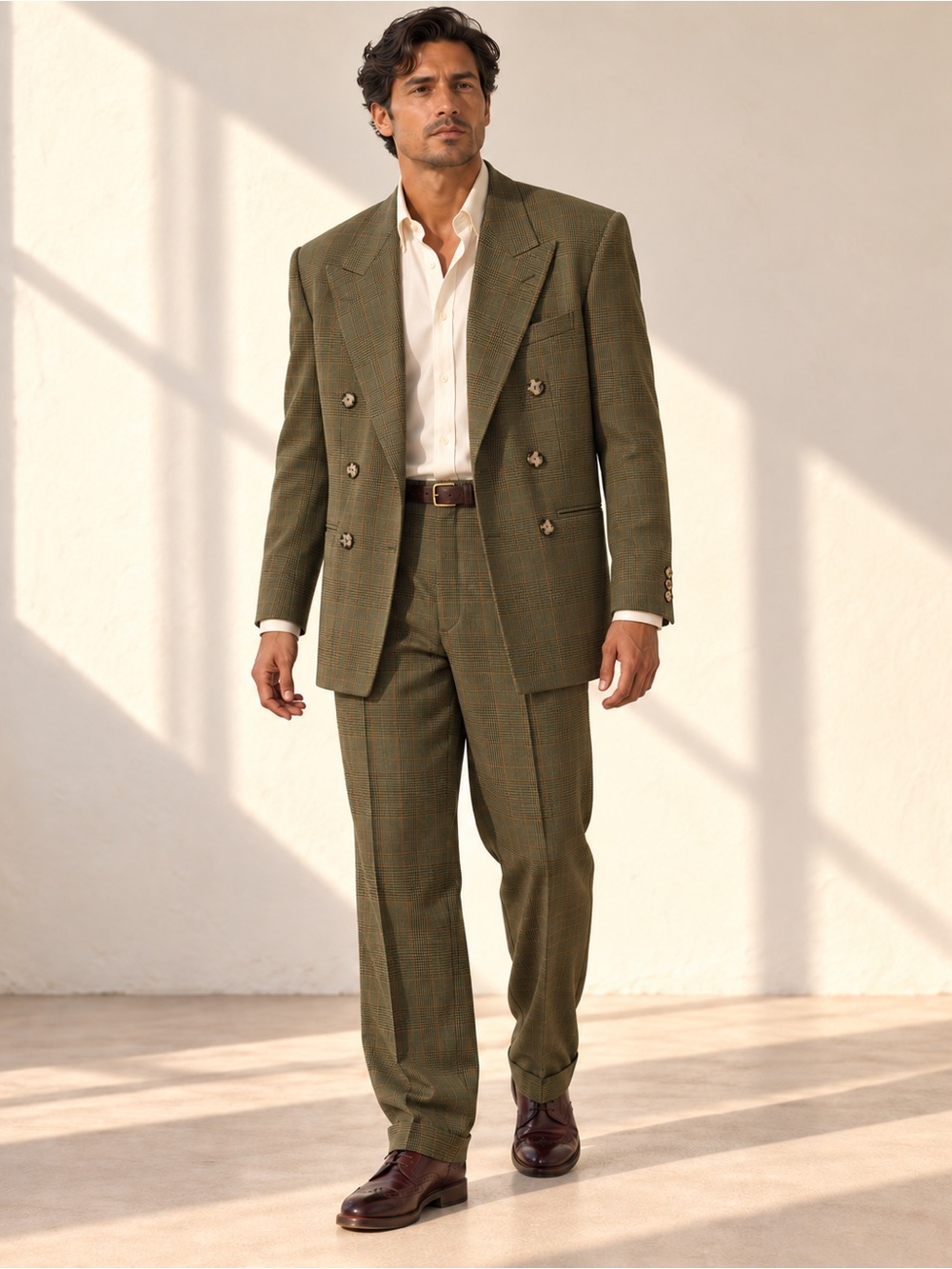 Uomo Moda Vintage Olive Plaid Virgin Wool Double Breasted Suit Est 42–44R